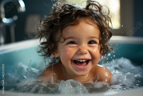 A young child, with curly hair and a joyful expression, enjoys a playful bath in a white bathtub. The child's laughter fills the air as they splash around in the water. Generative AI © bluebeat76