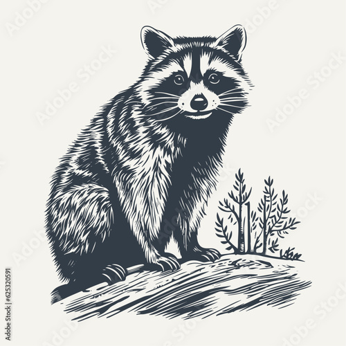 Racoon standing on a rock. Vintage woodcut engraving style vector illustration.