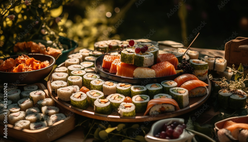 Fresh seafood plate with healthy variations, grilled to perfection outdoors generated by AI Fresh seafood plate with healthy variations, grilled to perfection outdoors generated by AI