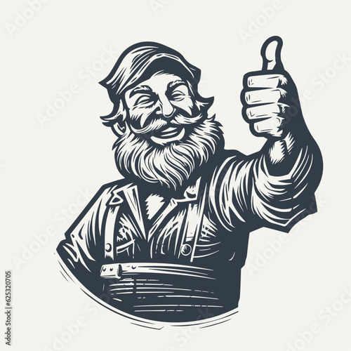 Bearded man approves showing thumb up. Vintage woodcut engraving style vector illustration.