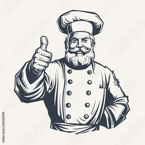 Man with chef uniform and hat approves showing thumb up. Vintage woodcut engraving style vector illustration.