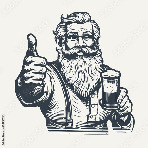 Man holding glass of drink approves showing thumb up. Vintage woodcut engraving style vector illustration.