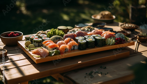 Fresh seafood sushi plate with avocado and ginger, outdoors on wood generated by AI