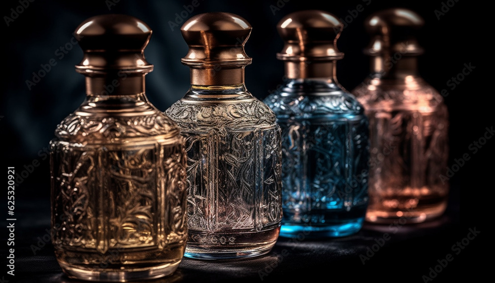 A luxurious whiskey bottle and glass on a black background generated by AI A luxurious whiskey bottle and glass on a black background generated by AI