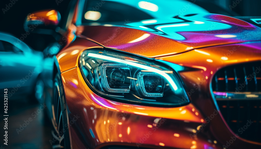 Modern sports car driving through vibrant city at night generated by AI Modern sports car driving through vibrant city at night generated by AI