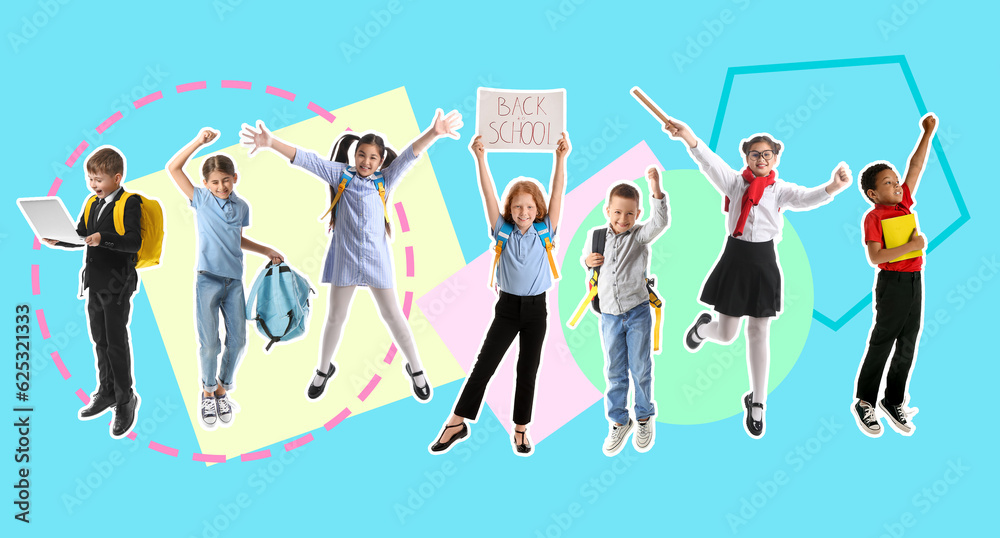 Obraz premium Collage with many schoolchildren on blue background