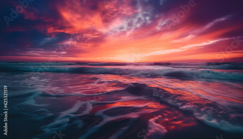 Vibrant sunrise over tranquil seascape, majestic beauty in nature generated by AI