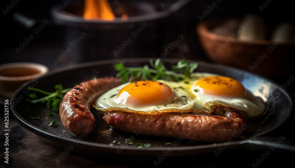 Grilled pork on rustic wood table, with fried egg and tomato generated by AI Grilled pork on rustic wood table, with fried egg and tomato generated by AI