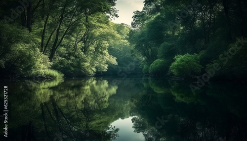 Tranquil scene of natural beauty forest, tree, pond, reflection generated by AI © djvstock
