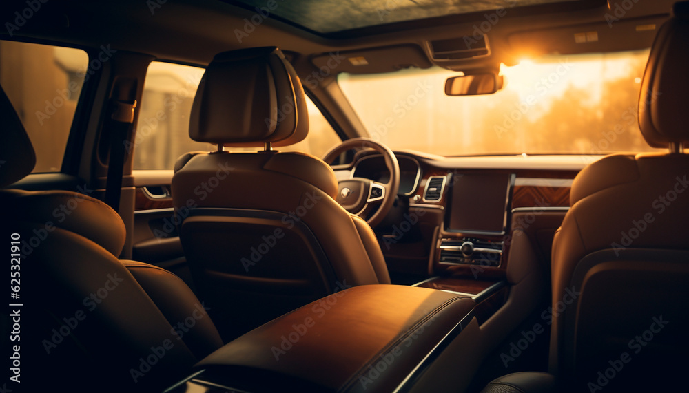 Driving a luxury car at sunset, speedometer shining on dashboard generated by AI Driving a luxury car at sunset, speedometer shining on dashboard generated by AI