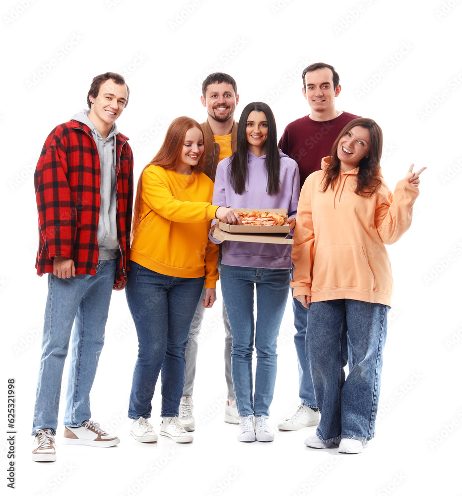 Obraz premium Group of friends with tasty pizza on white background