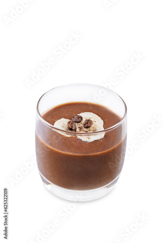 Coffee banana smoothie in a glass on a white isolated background