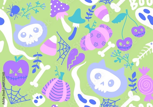 Cartoon Halloween cats seamless pumpkins and skulls and ghost and mushrooms pattern for wrapping paper