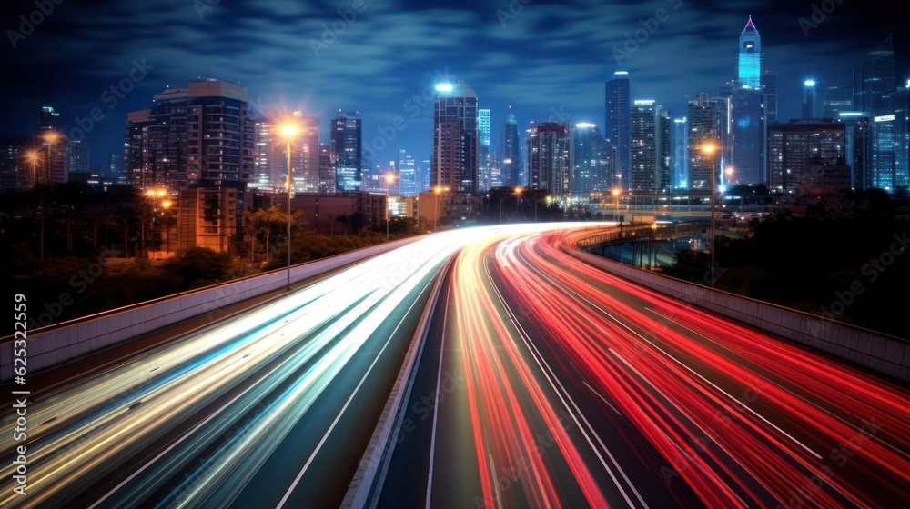 Glowing Traffic Lines on Busy Interstate with City in the Background, Flowing Towards the Future and Embracing Technological Advancements Glowing Traffic Lines on Busy Interstate with City in the Background, Flowing Towards the Future and Embracing Technological Advancements