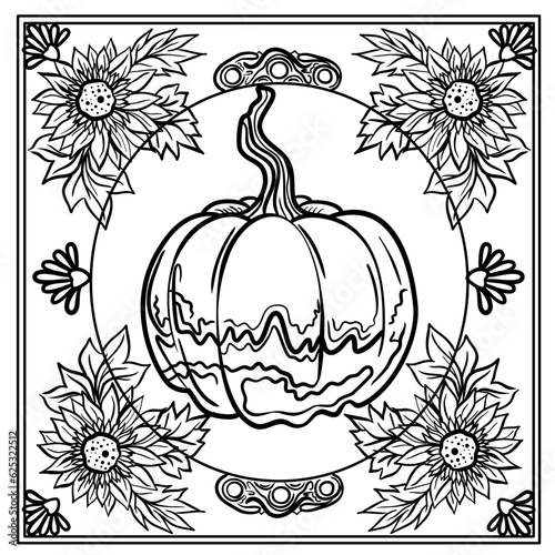 Coloring page with pumpkin and sunflowers in doodle technique 