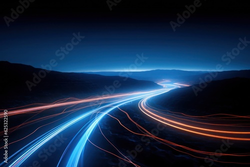 Abstract Night Landscape with Glowing Paths, Electric Energy Stream Traveling at High Speed 
