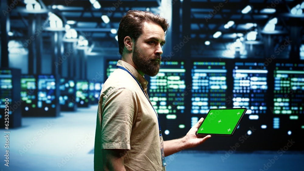 Computer scientist using green screen tablet to verify data center configuration settings. Repairman looking at monitoring software to troubleshoot defective server mainframes root cause Computer scientist using green screen tablet to verify data center configuration settings. Repairman looking at monitoring software to troubleshoot defective server mainframes root cause