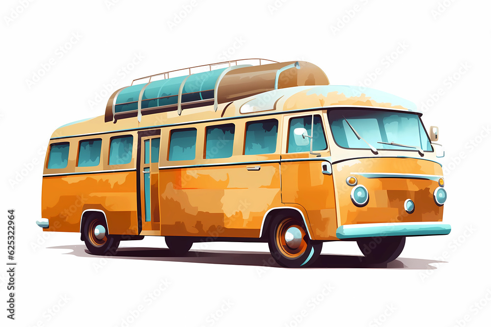 Vintage travel bus illustration, stylized cartoon minivan. Retro van sketch. Generative Ai.
