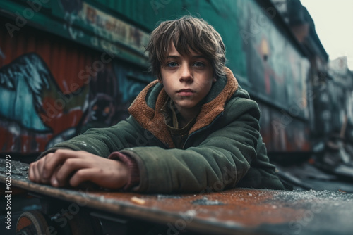 Orphan child. Abandoned street children, homeless, orphans. Lonely and helpless, an adolescent with no family living on the street. , forgotten, and needed by no one. Generative AI.