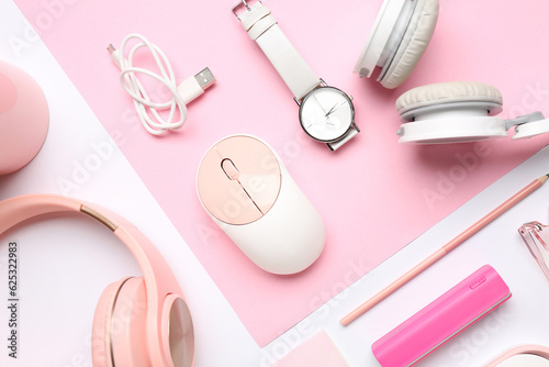 Composition with different gadgets on white background