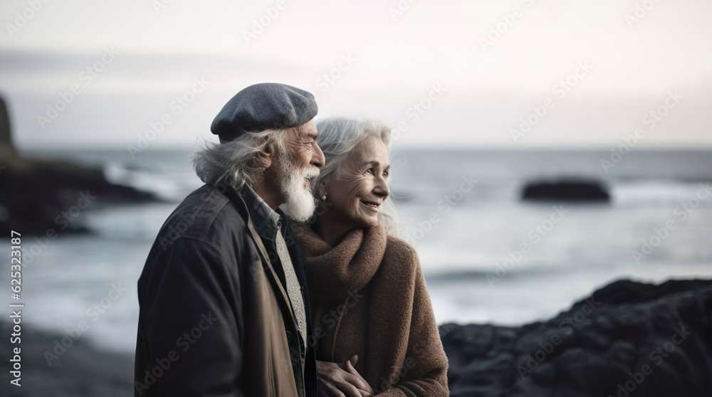 Smiling senior couple holding hands and enjoying time at the beach near the ocean. Travel vacation retirement lifestyle. Generative Ai technology.