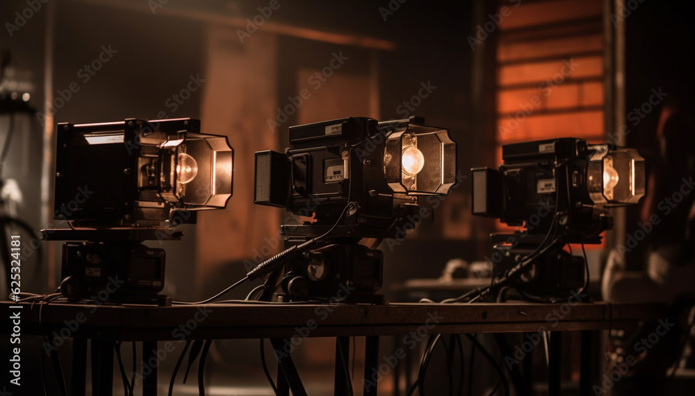 Fototapeta premium Photographer uses equipment to capture performance in studio with lighting generated by AI