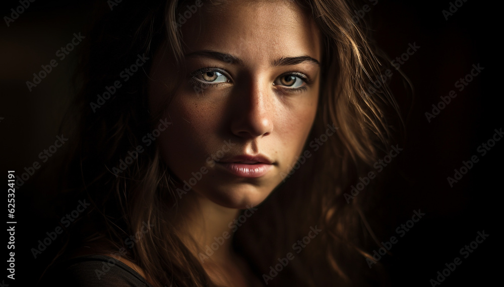 Beautiful young woman exudes confidence in casual elegance indoors generated by AI Beautiful young woman exudes confidence in casual elegance indoors generated by AI