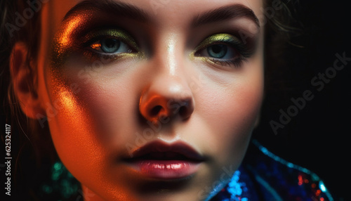 Beautiful young woman with dark hair and bright blue eyeshadow generated by AI
