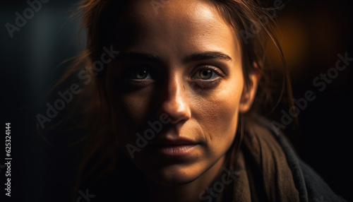 Beautiful young woman with long dark hair looking at camera generated by AI © djvstock