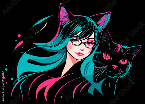 Portrait of a girl with a cat in neon light. Digital art. Illustration. Template. Clipart.