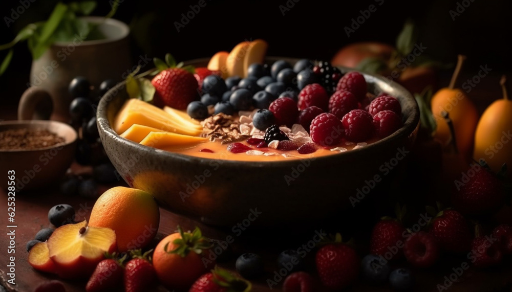 Organic granola bowl with ripe berry fruit and dark chocolate generated by AI Organic granola bowl with ripe berry fruit and dark chocolate generated by AI