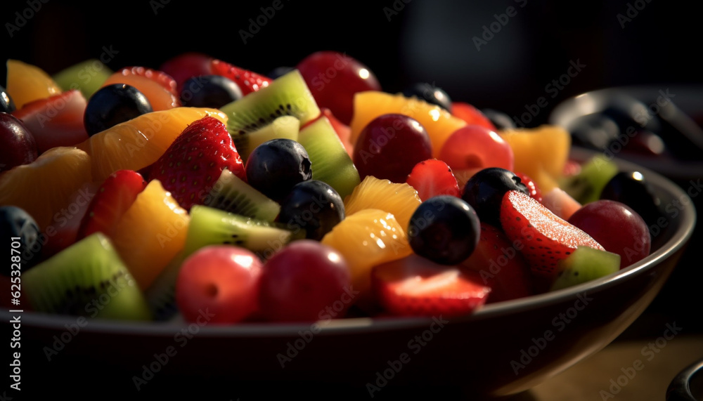 A vibrant fruit salad with multi colored berries and ripe fruit generated by AI A vibrant fruit salad with multi colored berries and ripe fruit generated by AI
