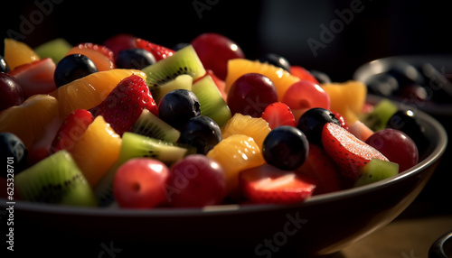 A vibrant fruit salad with multi colored berries and ripe fruit generated by AI