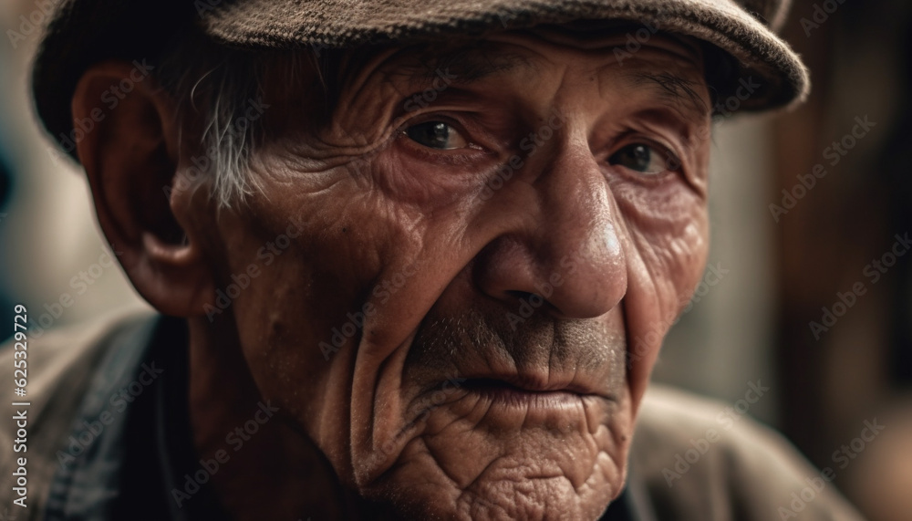 Serious senior man with wrinkled face looking at camera outdoors generated by AI Serious senior man with wrinkled face looking at camera outdoors generated by AI