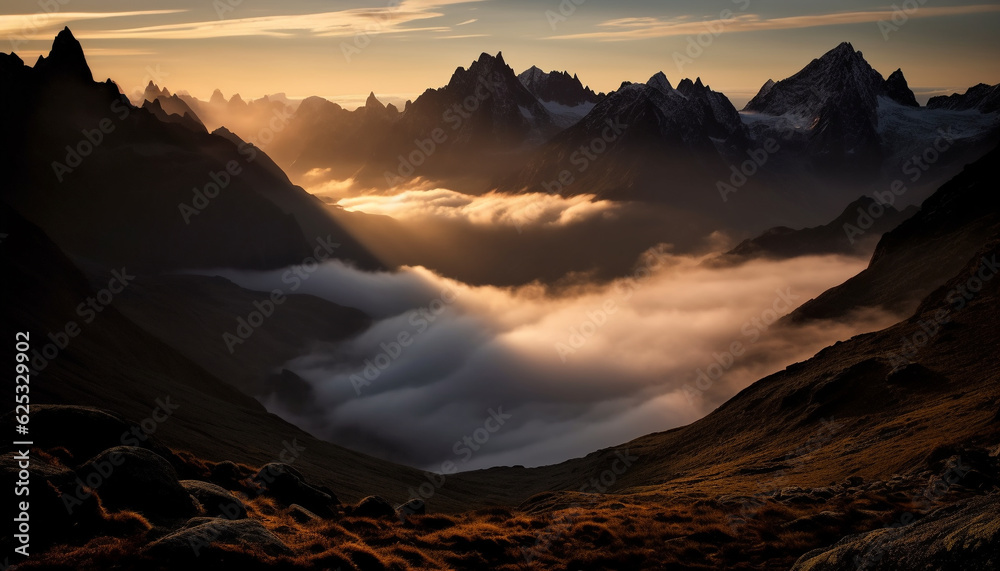 Naklejka premium Majestic mountain range back lit by sunrise, a tranquil scene generated by AI