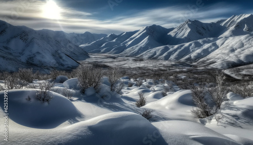 Majestic mountain range, frozen in winter icy grip, beckons adventurers generated by AI © djvstock