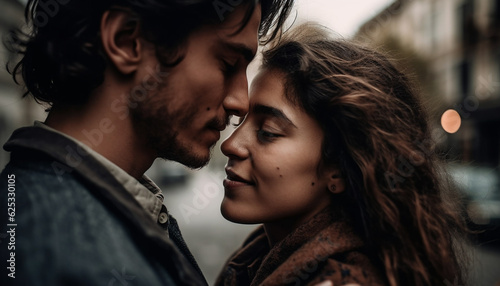 Young couple in love, embracing and kissing in autumn nature generated by AI