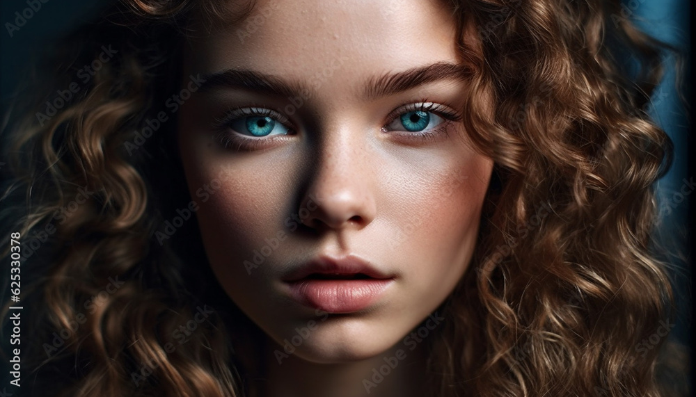 Beautiful young woman with curly brown hair looking confidently at camera generated by AI Beautiful young woman with curly brown hair looking confidently at camera generated by AI