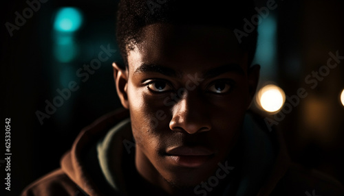 Confident young African American man in hooded shirt stares at camera generated by AI