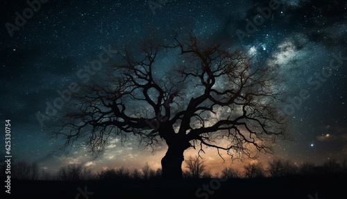 Silhouette tree branch back lit by glowing star field generated by AI