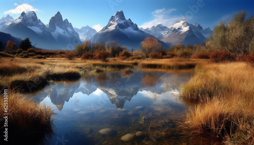 Tranquil scene of mountain range  reflecting in blue water pond generated by AI