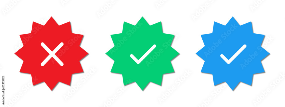 Blue tick, green tick and red cross symbols. Blue tick icon for social media apps. Green verification tick symbol. Red cross sign for not accepted or not verified. Blue tick, green tick and red cross symbols. Blue tick icon for social media apps. Green verification tick symbol. Red cross sign for not accepted or not verified.