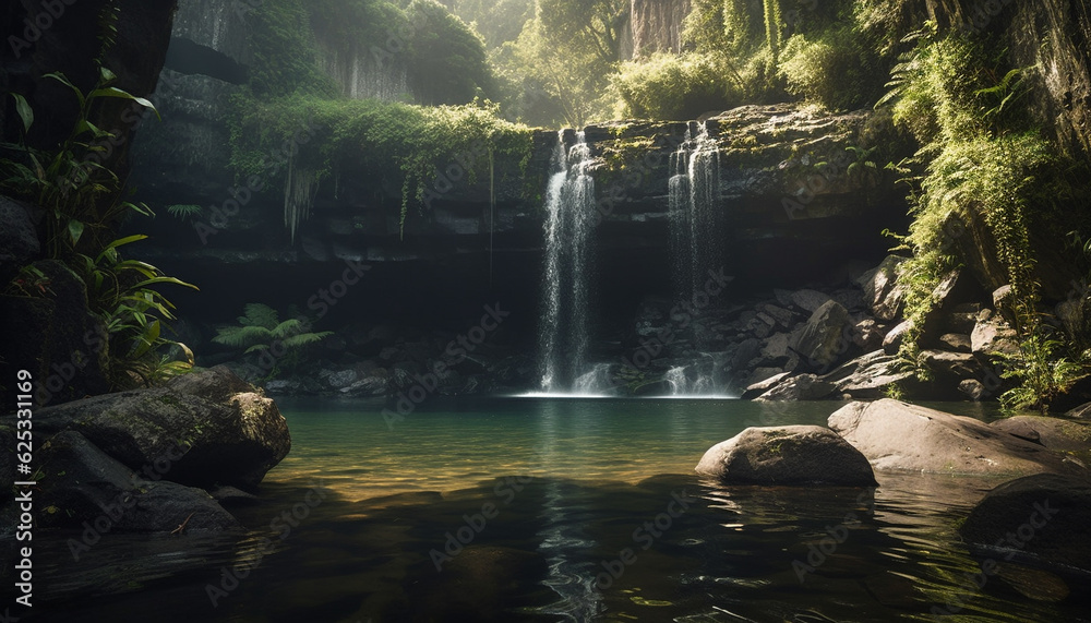 Tranquil scene of flowing water in majestic tropical rainforest generated by AI