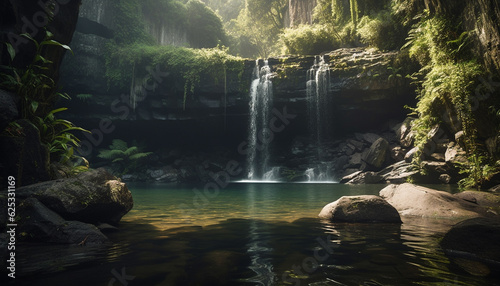 Tranquil scene of flowing water in majestic tropical rainforest generated by AI