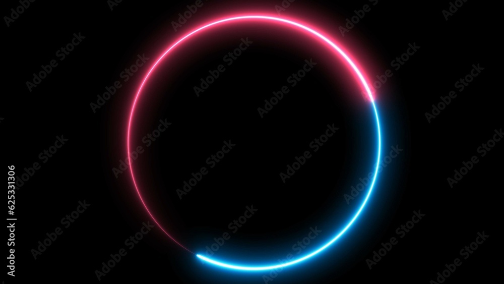Circle shape frame pink and blue color glowing fluorescent neon lights on black screen. 3d rendering. Circle shape frame pink and blue color glowing fluorescent neon lights on black screen. 3d rendering.