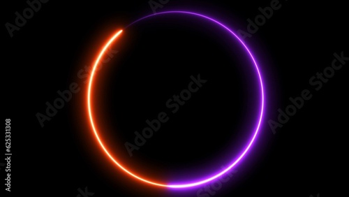 Circle shape frame purple and orange color glowing fluorescent neon lights on black screen.