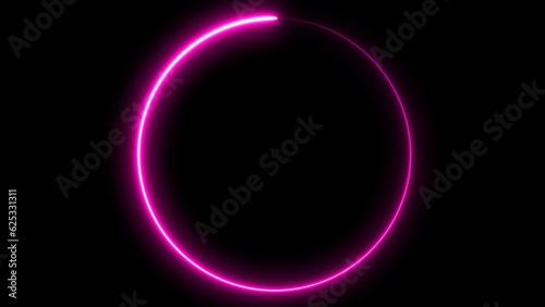 Circle shape frame pink color glowing fluorescent neon lights on black screen.