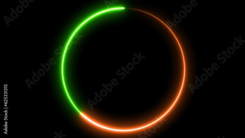 Circle shape frame green and orange color glowing fluorescent neon lights on black screen. 