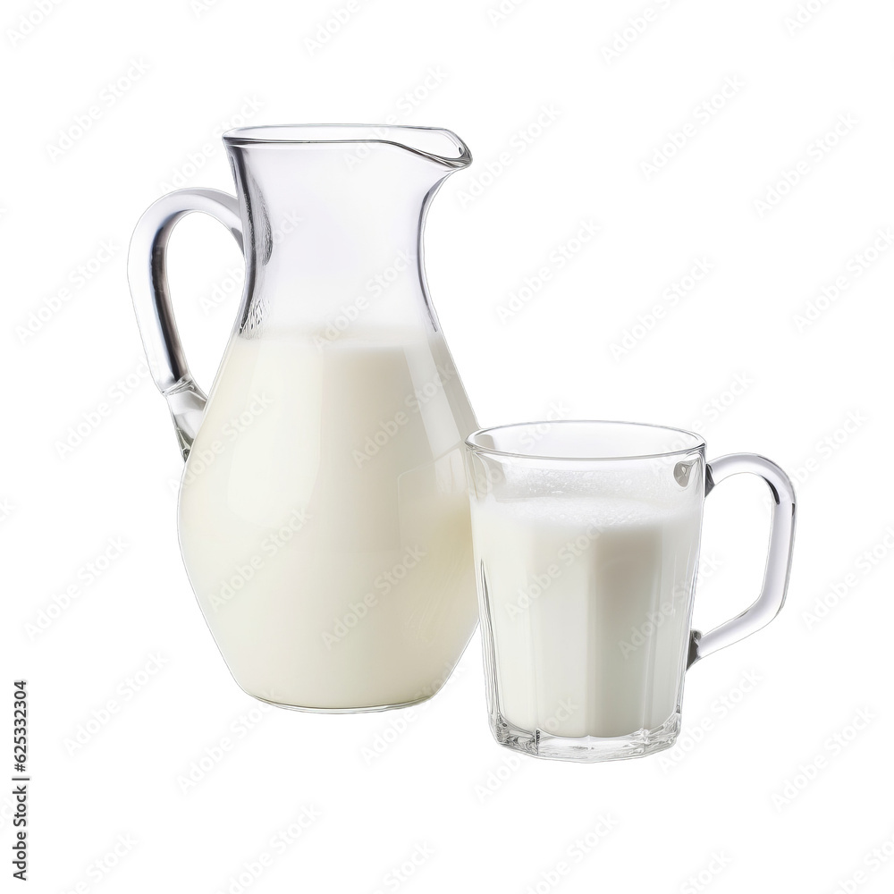 a pitcher of milk and a glass of milk placed side by side a pitcher of milk and a glass of milk placed side by side