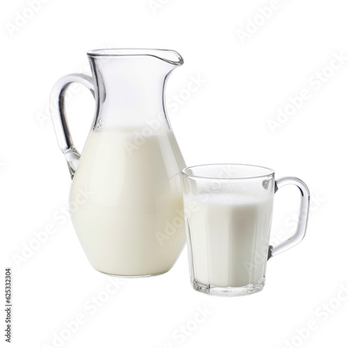 a pitcher of milk and a glass of milk placed side by side